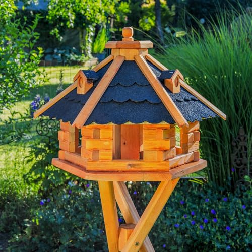 Vogelhäuschen, Vogelhaus mit Bitumschindeln, behandelt mit Ständer, Vogelfutterhaus mit Futtersilo, Silo - 2
