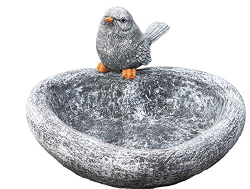Vogeltränke Herz mit Steinfigur Vogel, Garten Deko, massiver Steinguss, frostfest bis -30°C