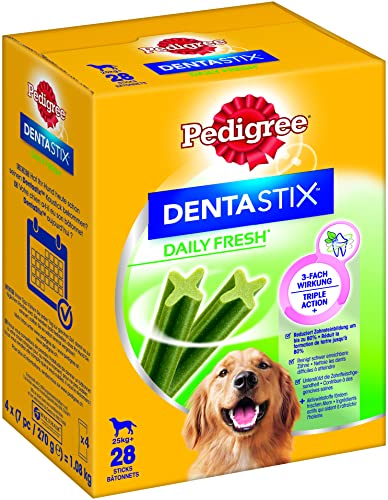 Pedigree DentaStix Fresh Hundesnack für große Hunde (25kg+), Zahnpflege-Snack mit Eukalyptusöl und Grüner Tee-Extrakt, 4 Packungen je 28 Stück (4 x 1,08 kg)