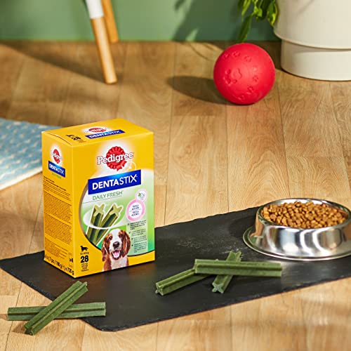 Pedigree DentaStix Fresh Hundesnack für mittelgroße Hunde (10-25kg), Zahnpflege-Snack mit Eukalyptusöl und Grüner Tee-Extrakt, 4 Packungen je 28 Stück (4 x 720 g) - 2