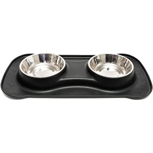 Premium Doppelnapf aus Silikon mit zwei Edelstahl-Futternäpfen und integrierter Napfunterlage für kleine bis mittelgroße Hunde und Katzen | Happilax