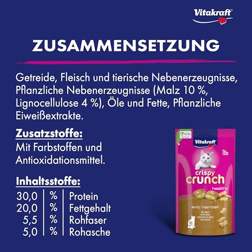 Vitakraft Katzensnacks, Knusprige Getreidekissen mit Malz, Cremige Füllung, Gegen Haarballen, Crispy Crunch, 28811, 60 g - 5