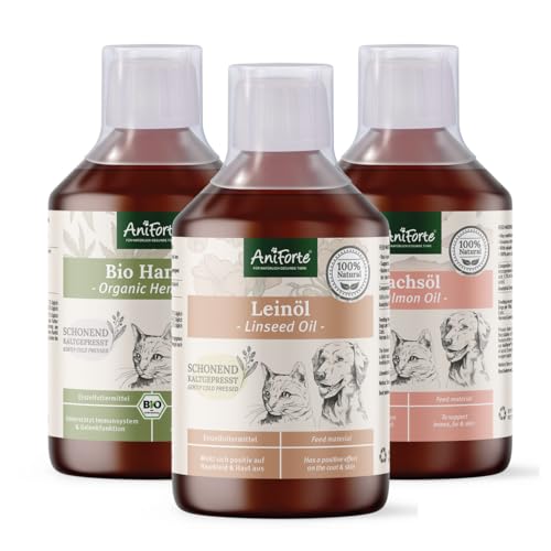 AniForte Barf-Öl Set 3 – 500 ml Lachsöl, 500 ml Leinöl & 500 ml Hanföl