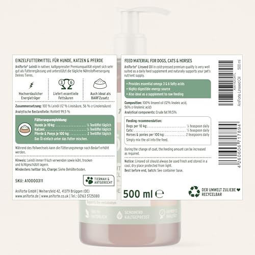 AniForte Barf-Öl Set 2 mit je 500ml Leinöl und Lachsöl – Naturprodukt für Hunde und Katzen - 5