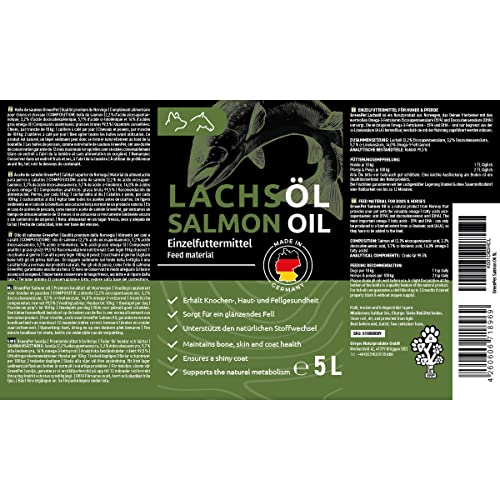 NaturaForte® 5 Liter echtes Lachsöl in 1a Premiumqualität, kein minderwertigeres Fischöl oder Fischlachsöl, sehr frische Abfüllung, für Hunde & Pferde - 6