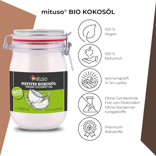 mituso Bio Kokosöl, nativ, 1er Pack (1 x 1000 ml) im Drahtbügelglas - 2