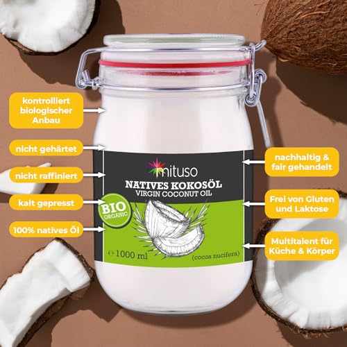 mituso Bio Kokosöl, nativ, 1er Pack (1 x 1000 ml) im Drahtbügelglas - 3