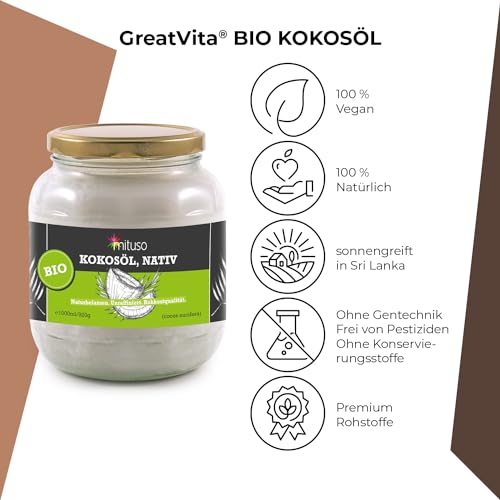 mituso Bio Kokosöl, nativ, DE-ÖKO-037, 1er Pack (1 x 1000 ml) im praktischen Glas. - 2