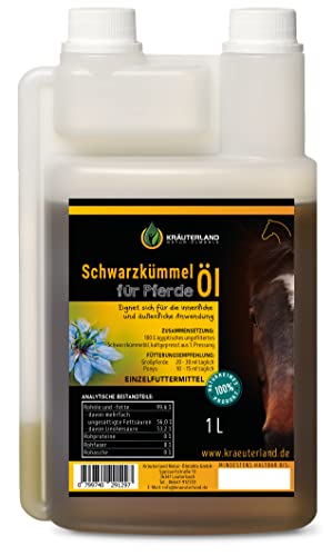 Schwarzkümmelöl 1000ml ungefiltert für Pferde in Dosierflasche *** mühlenfrisch direkt vom Hersteller Kräuterland Natur-Ölmühle *** 100% naturrein ***
