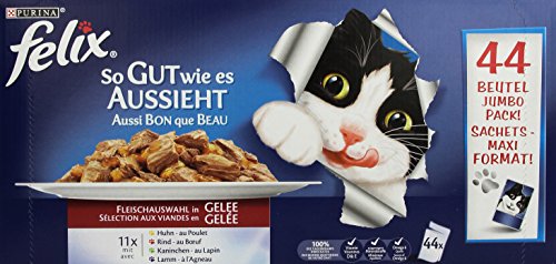 Felix So gut wie es aussieht Katzenfutter Fleischauswahl mit Huhn, Rind, Kaninchen, Lamm, 44 Beutel (44 x 100 g)