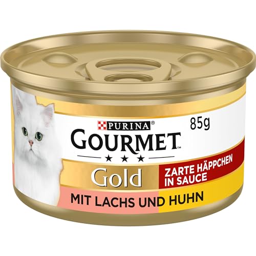 Gourmet Gold Katzenfutter Zarte Häppchen in Sauce mit Lachs und Huhn, 12er Pack (12 x 85 g) Dosen