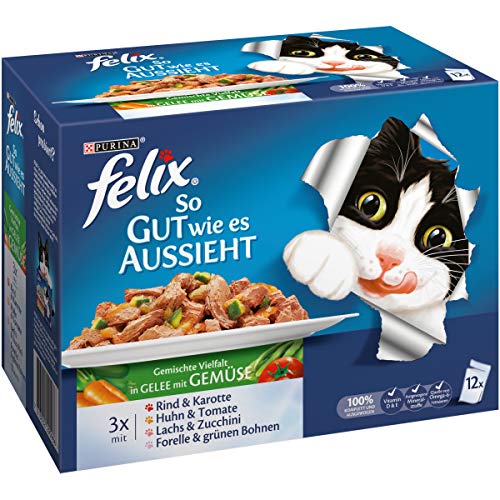 Felix So gut wie es aussieht Katzenfutter Fleisch und Fisch Mix mit Gemüse, 6er Pack (6 x 12 x 100 g) Beutel